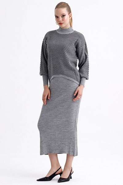MD trend Women's Half Turtleneck Striped Asymmetrical Sweater and Ribbed Dress Double Knitwear Set