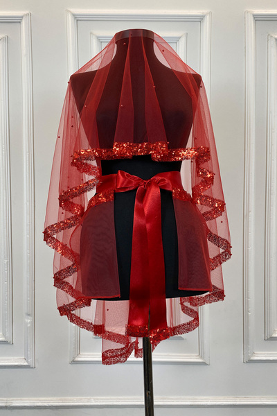 ZEYMERADE طقم حجاب زفاف بالترتر واللؤلؤ باللون الأحمر، حجاب ليلة الحناء، حجاب...