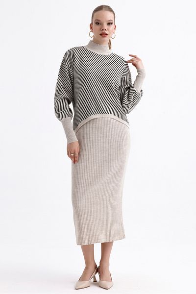 MD trend Women's Half Turtleneck Striped Asymmetrical Sweater and Ribbed Dress Double Knitwear Set