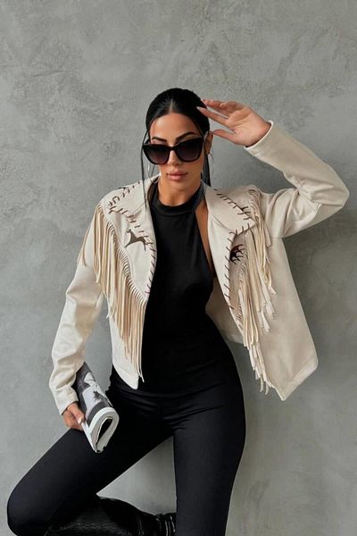 Ravencia Γυναικείο μπουφάν Western Suede με φούντες μπεζ