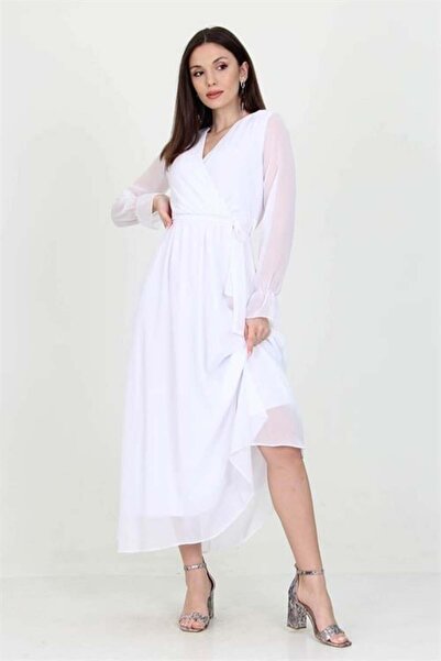 Dipmoda Rochie lungă din șifon albă pentru femei, nou sezon cu căptușeală dec...