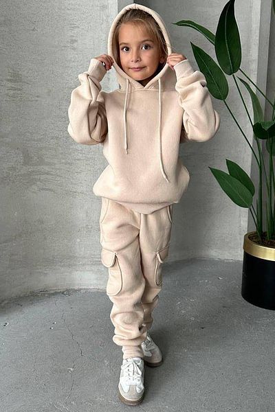 Riccotarz Girl's Raised Rope Detailed Sweatshirt Beige Tracksuit Set with Cargo Pockets