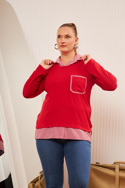RMG Plaid Plus Size Red Shirt Blouse with Pocket Detail
