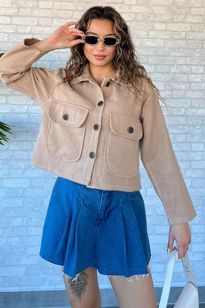 GÜLSELİ Palton crop top cu buzunar dublu bej