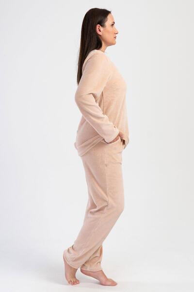 VİENETTA Kadın Büyük Beden Kadife Uzun Kol Bej Pijama Takım C9T8N0O304