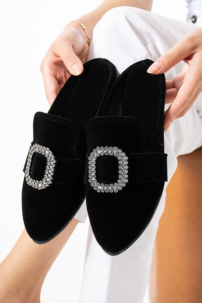 Moda Devrin Black Nubuck Square Pointed Home and Outdoor Slippers