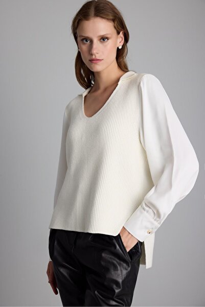 JOIN US Saten Kumaş Kollu Ekru Triko Kazak