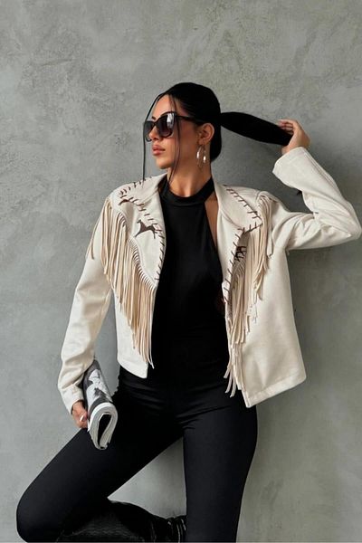 Ravencia Γυναικείο μπουφάν Western Suede με φούντες μπεζ