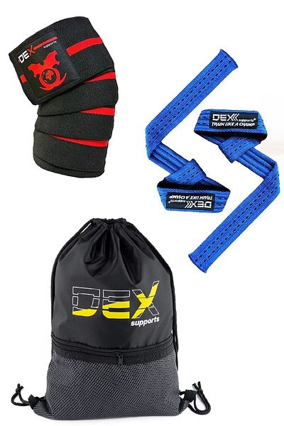 Dex Supports وسادة ركبة للياقة البدنية باللون الأزرق - حزام رفع الأثقال، أربطة للركبة Elite+Sackpack 3 Pack
