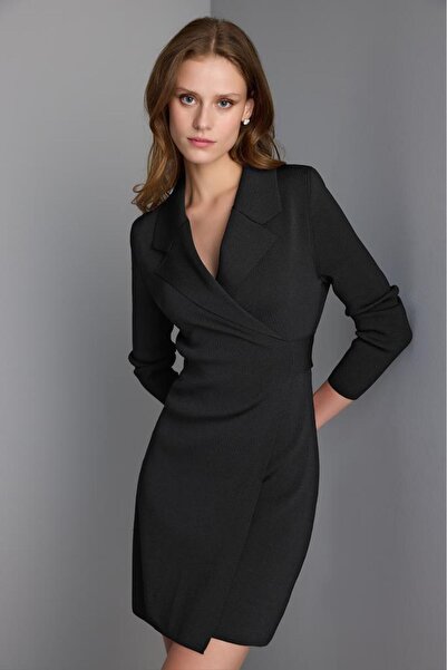 JOIN US Beli Lastik Kemer Detaylı Siyah Triko Ceket Elbise