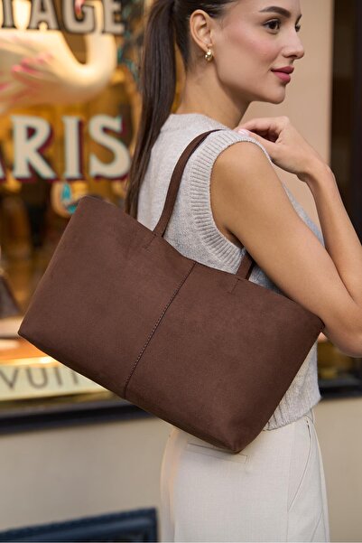 Madamra Brown Suede Women's Minimal Tote Hand and Shoulder Bag