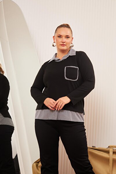 RMG Καρό Μαύρο Πουκάμισο Μπλούζα με Λεπτομέρεια Τσέπης