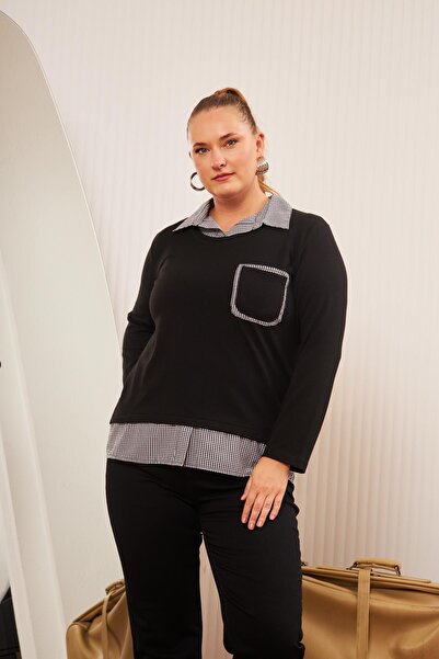 RMG Καρό Μαύρο Πουκάμισο Μπλούζα με Λεπτομέρεια Τσέπης