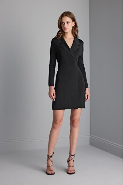 JOIN US Beli Lastik Kemer Detaylı Siyah Triko Ceket Elbise