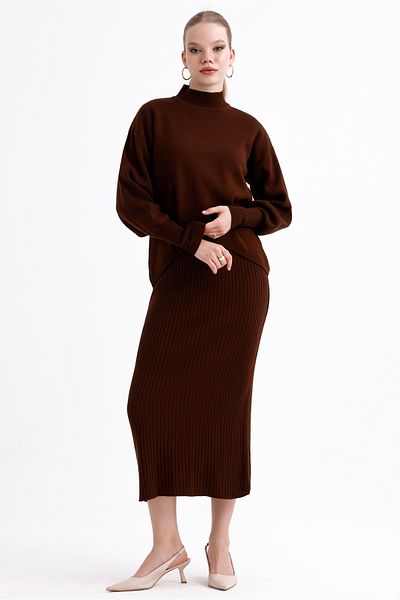 MD trend Women's Half Turtleneck Asymmetrical Sweater and Strappy Ribbed Dress Double Knitwear Set