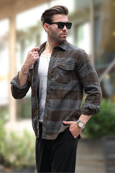 Madmext Braun gemustertes Herren-Fleece-Hemd mit Brusttaschen 6754