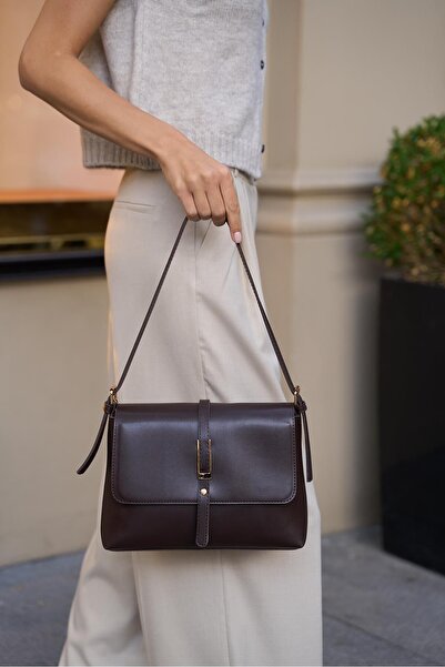 Madamra Brown Women's Merry Gold Buckle Detailed Hand and Shoulder Bag