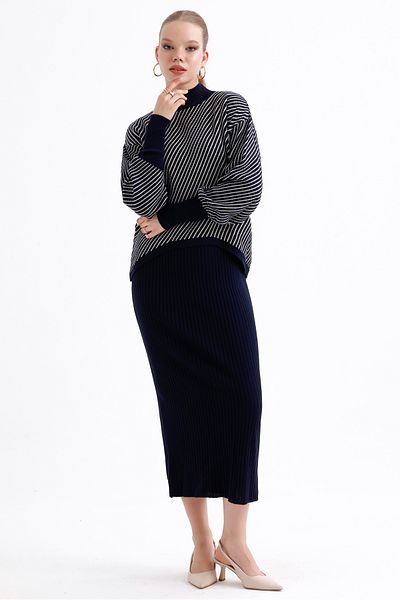 MD trend Half Turtleneck Striped Women's Knitwear Set - Asymmetrical Sweater and Ribbed Dress