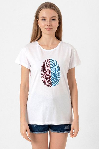 Tshirthane Burgundy Blue Fingerprint White Women's Bicycle Collar T-Shirt