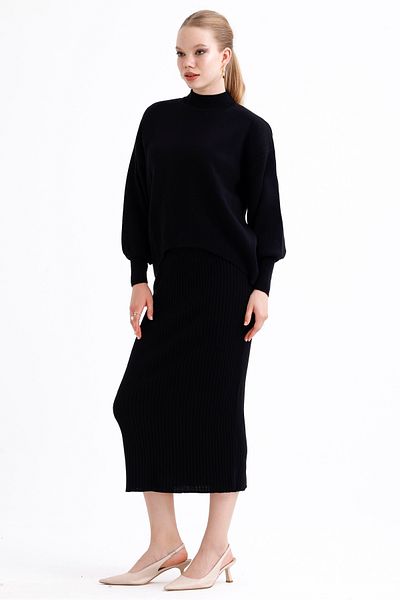MD trend Women's Half Turtleneck Asymmetrical Sweater and Ribbed Dress Double Knitwear Set
