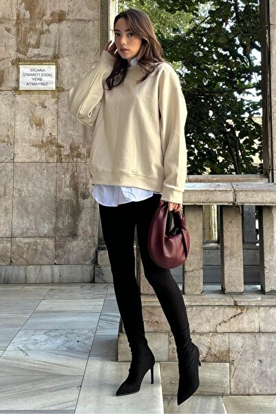 Madmext Beige Crew Neck Basic Sweatshirt Mg2185