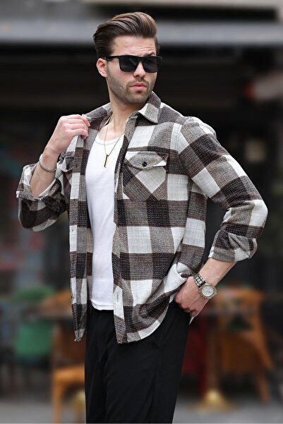 Madmext Ανδρικό φλις πουκάμισο με καφέ σχέδιο με τσέπη στο στήθος 6754