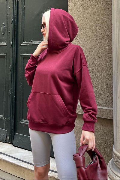 Madmext Burgundy Oversize Pocket Sweatshirt Mg2207