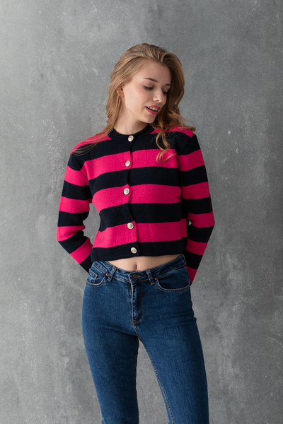 Cebe Women's Crew Neck Silver Button Detailed Knitwear Crop Cardigan