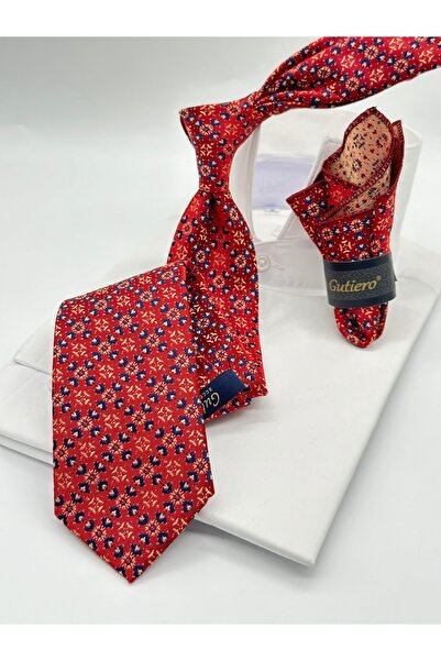 Gutiero Classic Tie with Red Patterned Handkerchief