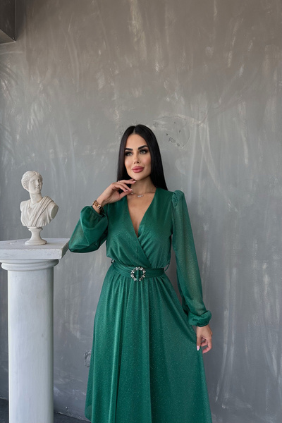 kamacibutik Double Breasted Collar Tulle Fabric Belted Evening Dress