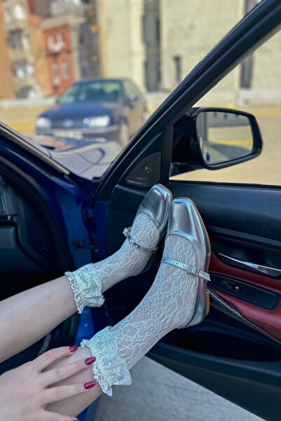 SHOEBELLAS Neck Silver Skin Buckle Detailed Women's Ballerinas