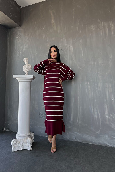 kamacibutik Rochie tricotată cu dungi cu decolteu și fante (compatibilă cu mărimea standard S/M/L/XL)