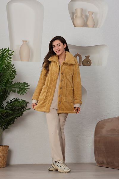 Devesta Moda Дамско голямо плюшено яке - двойни джобове и ежедневно палто с копчета