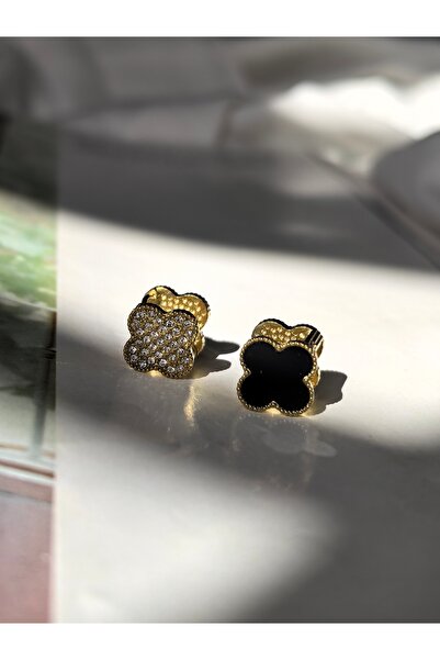 Öyküm accesory Çift Taraflı Zirkon Taş ve Siyah Mineli Marka Yonca Model Küpe