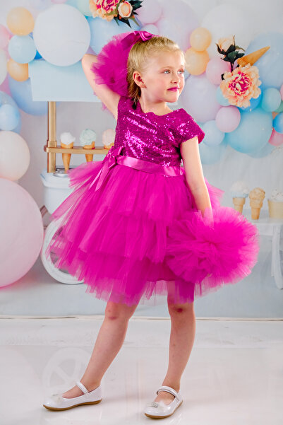 Delfini kids Kız Çocuk Tokalı Ponpon Kollu Abiye Parti Doğumgünü Elbisesi