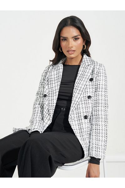 Styli Regular Fit Double Breasted Tweed Blazer