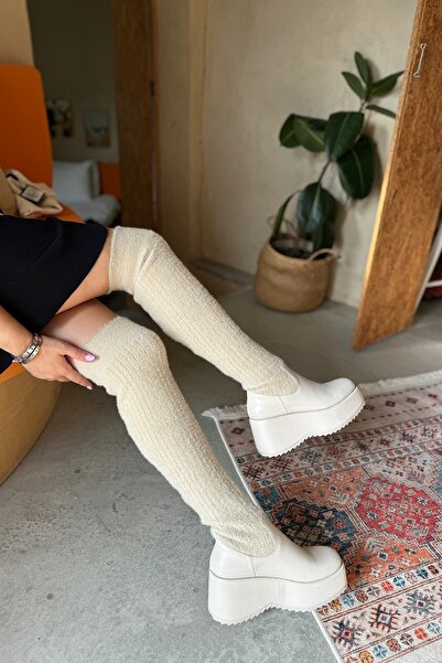 SHOEBELLAS Rubi Bej Triko Kadın Çizme