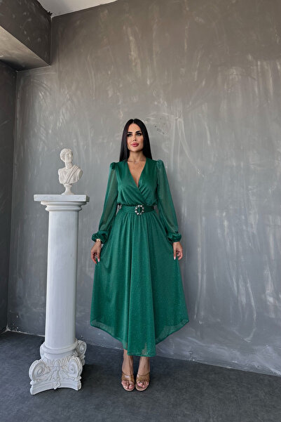 kamacibutik Double Breasted Collar Tulle Fabric Belted Evening Dress