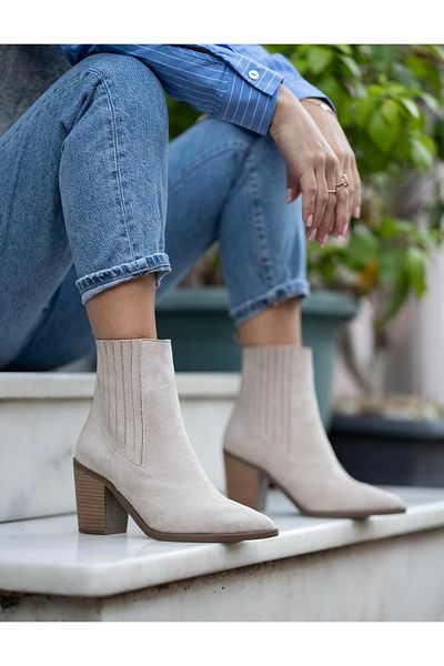 Afilli Cizme de cowboy occidentale elegante, cu cataramă, cu toc scurt, elastic, cu vârf ascuțit, piele de căprioară, pantofi