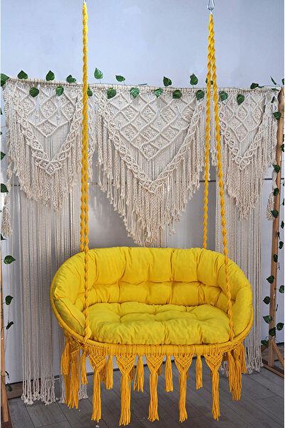 ALTINOLUK HAMAK Makrome Salıncak Bahçe Balkon Salıncağı ( SARI ) SARI Minderl...