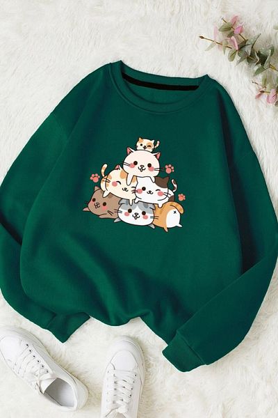 Moda Glo Βαμβακερό φούτερ Unisex Cat Printed Crew Neck