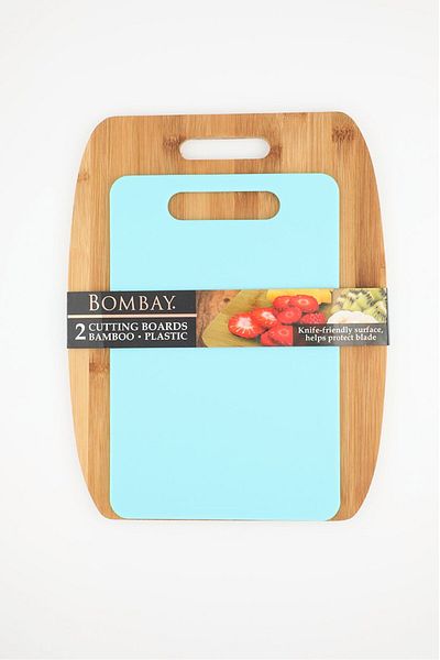 Bombay 2 Pieces Cutting Boards Bamboo Set. Brown and Turquoise