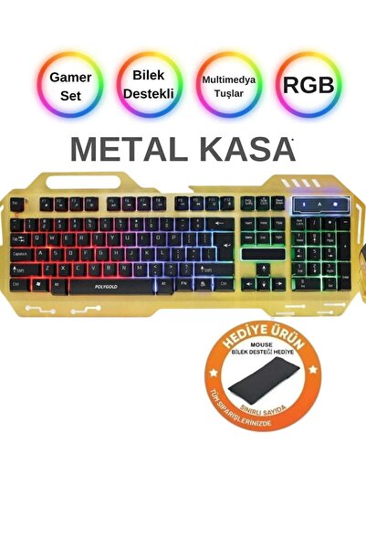 Zineets Led Aydınlatmalı Işıklı Klavye Metal Kasa  Oyuncu Gamer Set Gaming Usb Q Türkçe Telefon Tutuculu
