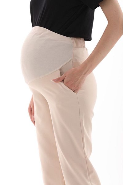 BIG LESSON Beige Colored Maternity Mom Fit Gabardine Trousers - Flexible and Adjustable Waist