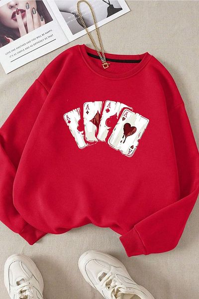 Moda Glo Унисекс памучен суичър с кръгло деколте с карти за игра