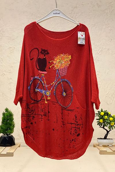 sahnemoda Bluză mercerizată cu imprimeu pisică și bicicletă