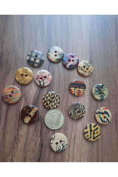 Beyna 1.5 cm Two Holes Mixed Color Polyester Patterned Button - 1 Pack of 10 Pieces