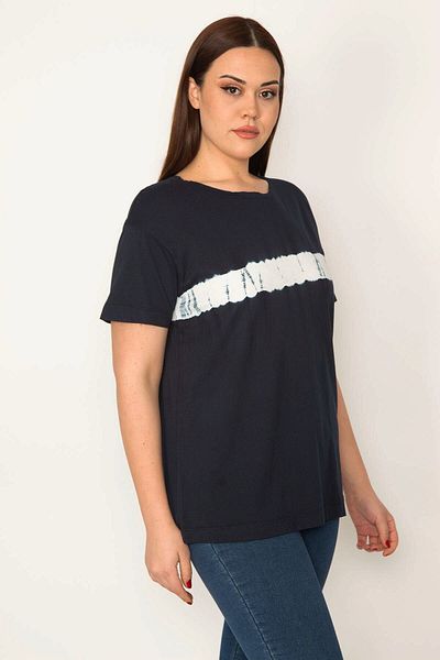 Şans Women's Large Size Navy Blue Crew Neck Printed Blouse 65n32225