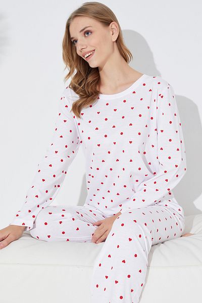 Siyah İnci Heart and Point Patterned White Red Knitted Pajama Set - 7792