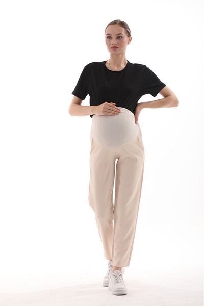 BIG LESSON Beige Colored Maternity Mom Fit Gabardine Trousers - Flexible and Adjustable Waist